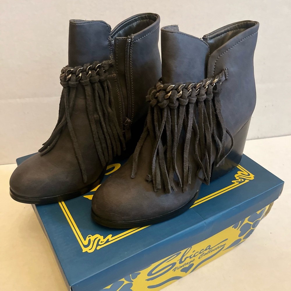 Sbicca Imogen Grey Fringe Ankle Boots